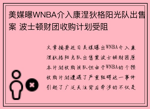 美媒曝WNBA介入康涅狄格阳光队出售案 波士顿财团收购计划受阻