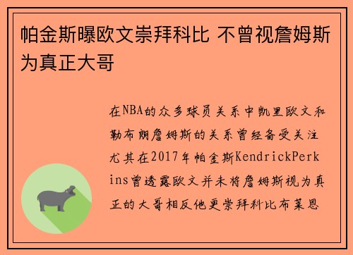 帕金斯曝欧文崇拜科比 不曾视詹姆斯为真正大哥